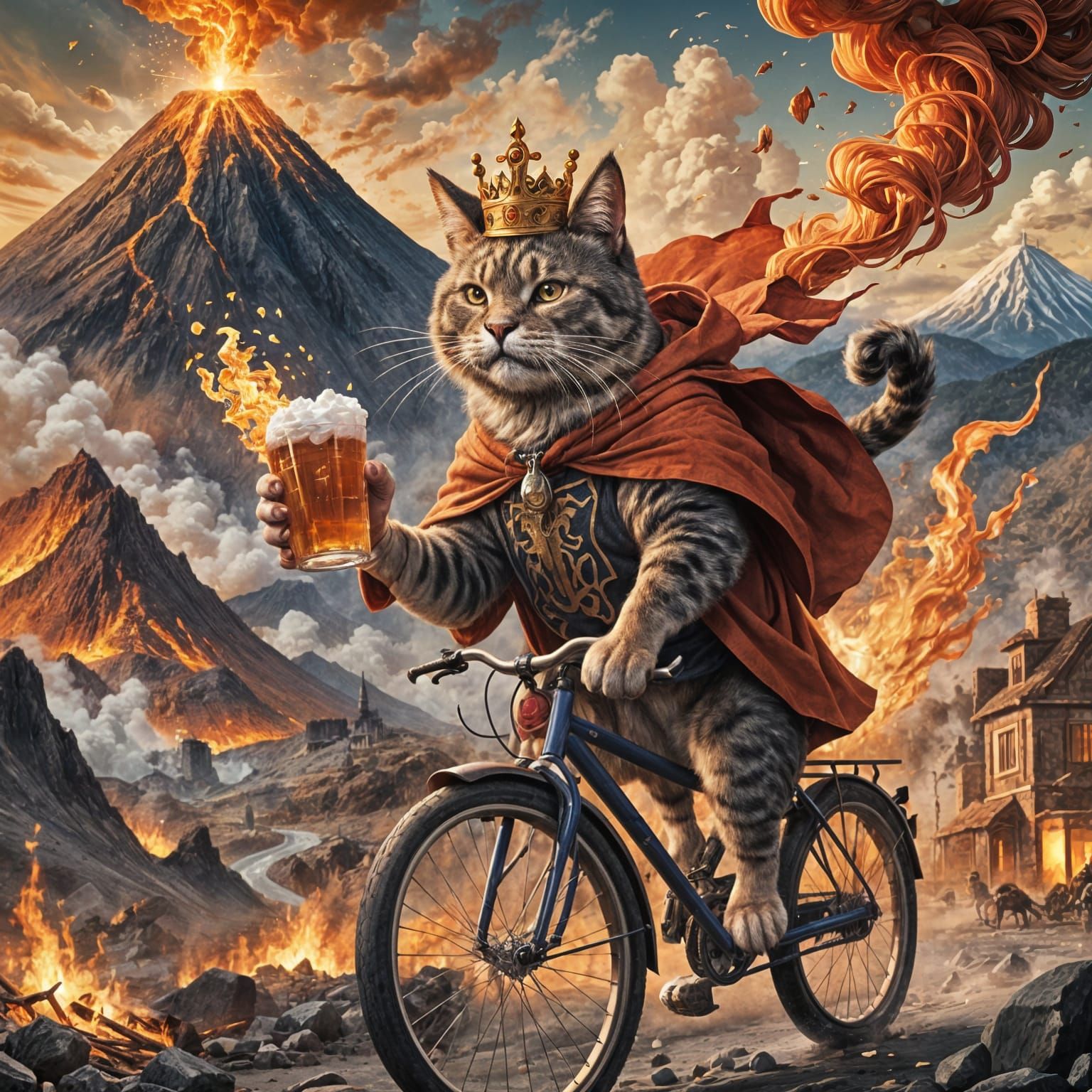 Cat King Rides Bike Near Volcano