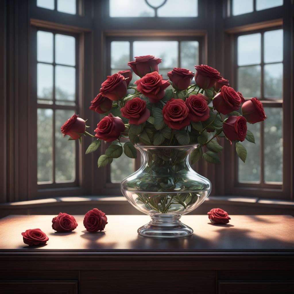 clear vase filled with roses sitting on a table in front of ...