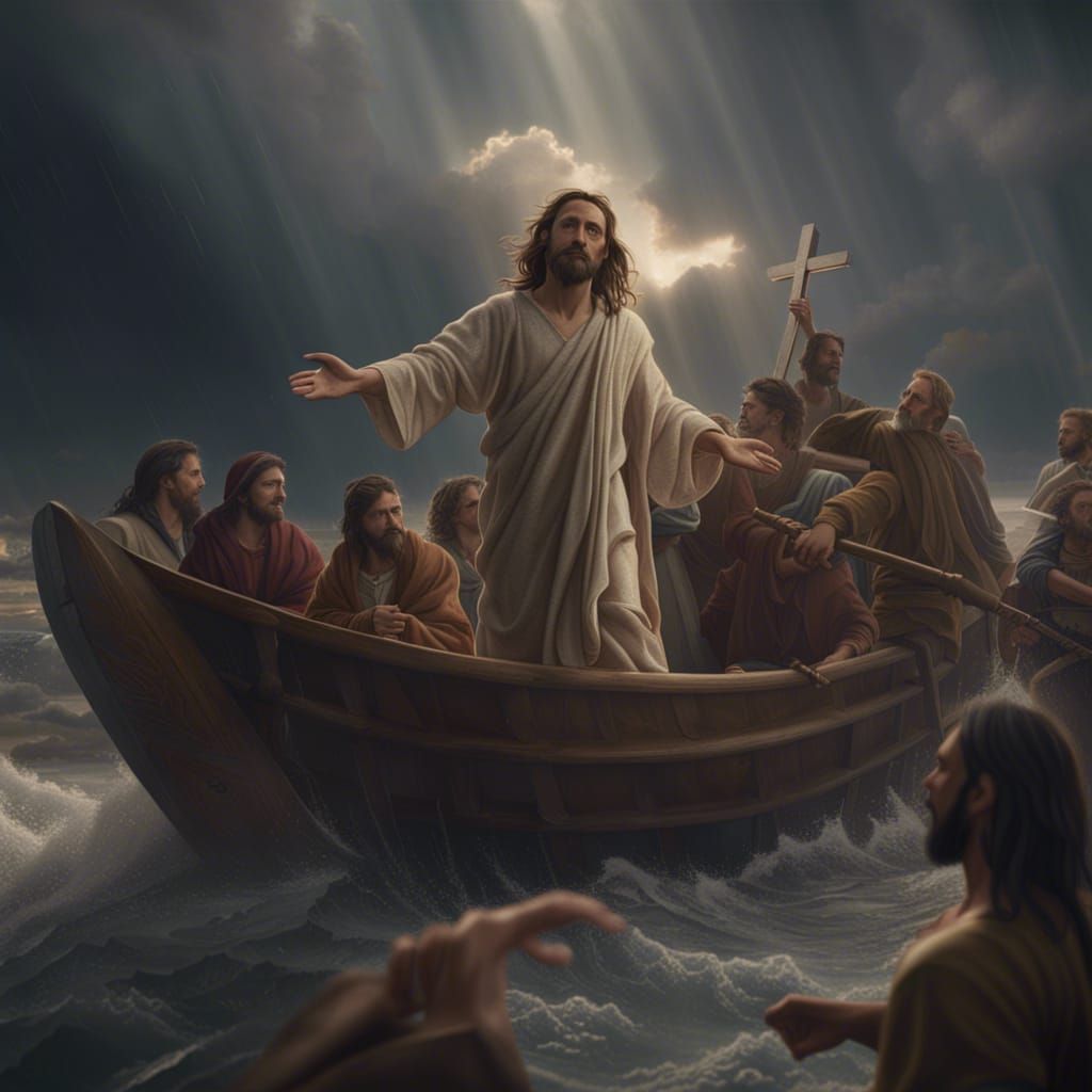 Jesus calming the storm 8k resolution concept art dynamic li...