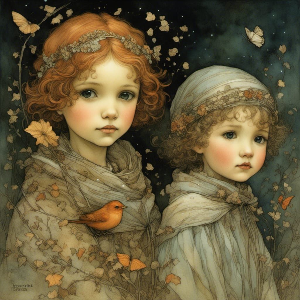 inseparable friends, by Posuka Demizu, Arthur Rackham and Tony DiTerlizzi <lora:a wide-eyed world:1.0> 