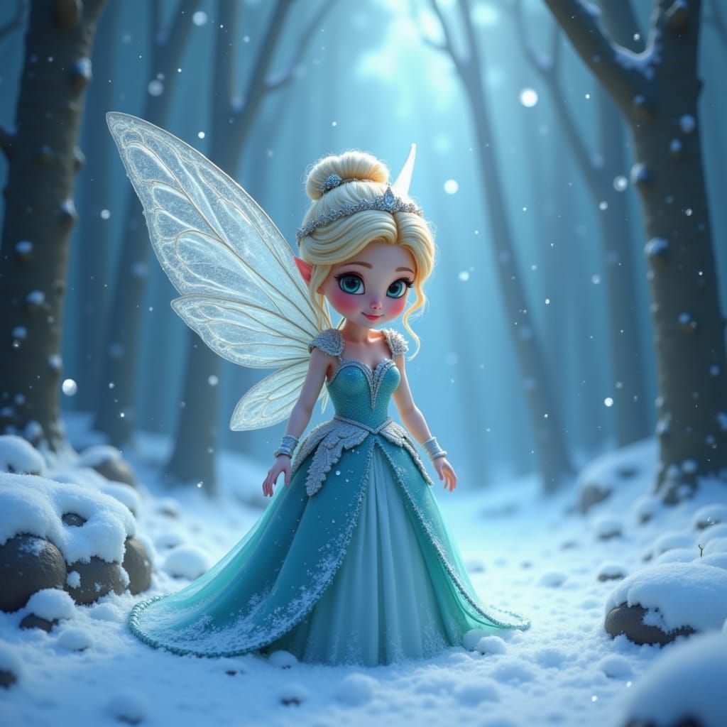 <lora:Lily Fairy Character:1.0>A regal winter fairy with icy blue wings, a crown of snowflakes, and a gown shimmering with frost, standing i...