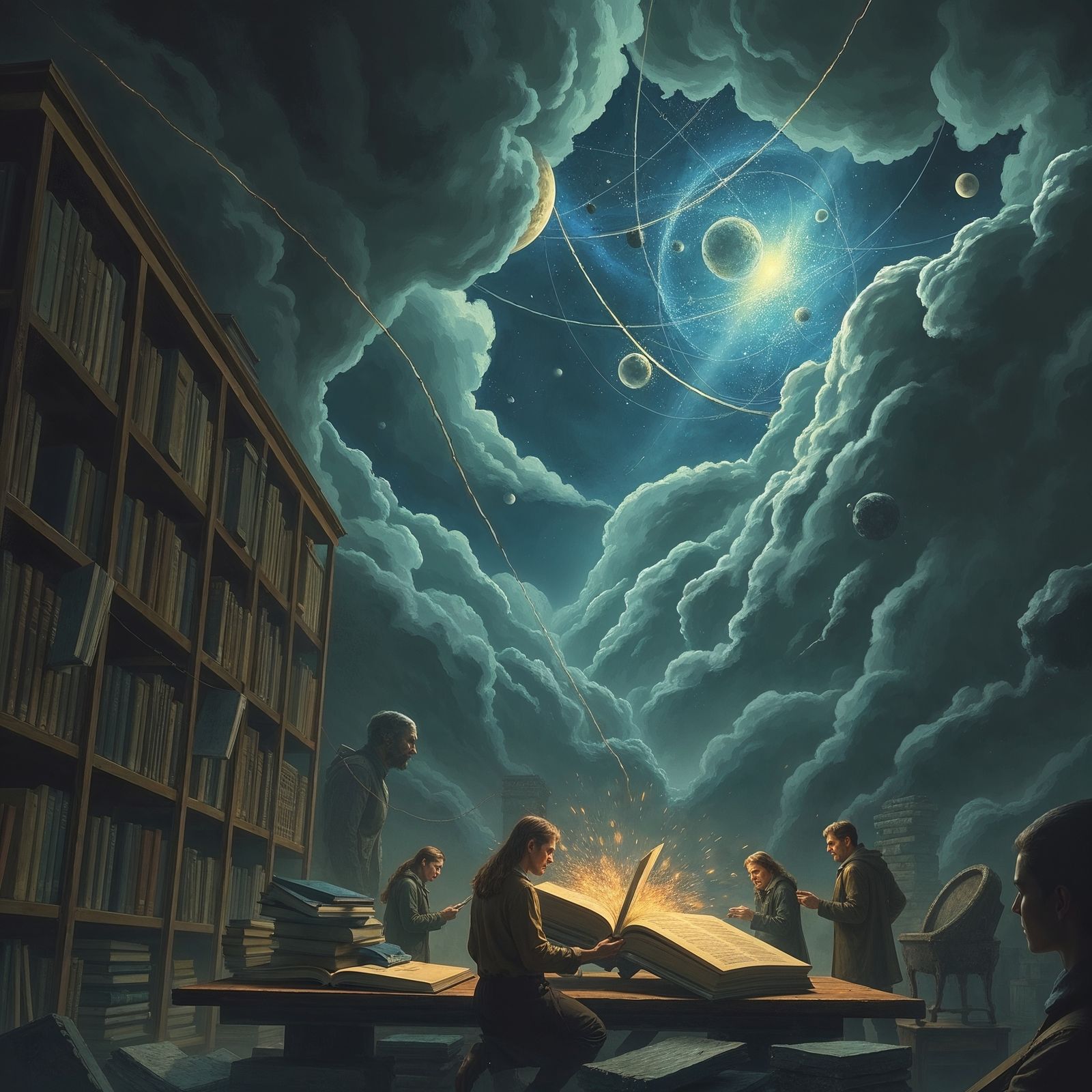Celestial memory librarians organizing cosmic archives