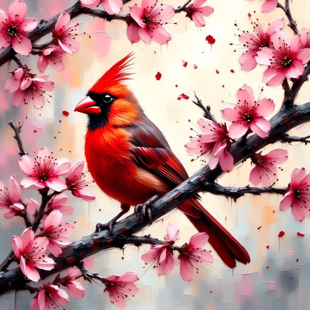 A red cardinal sitting on a branch of a blooming cherry blossom tree. <lora:Impasto-Grunge:1.0> 