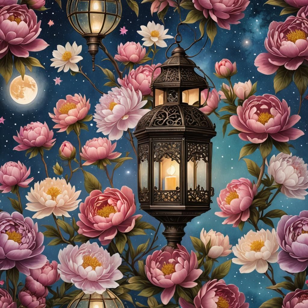a beautiful ornate lantern filled with peonies under a beautiful moonlit sky with rainbow glitter
