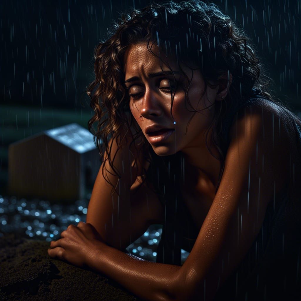 A Woman Crying Over A Grave Curly Brown Hair Mid 20s Tanned Skin Beautiful Latina Rain