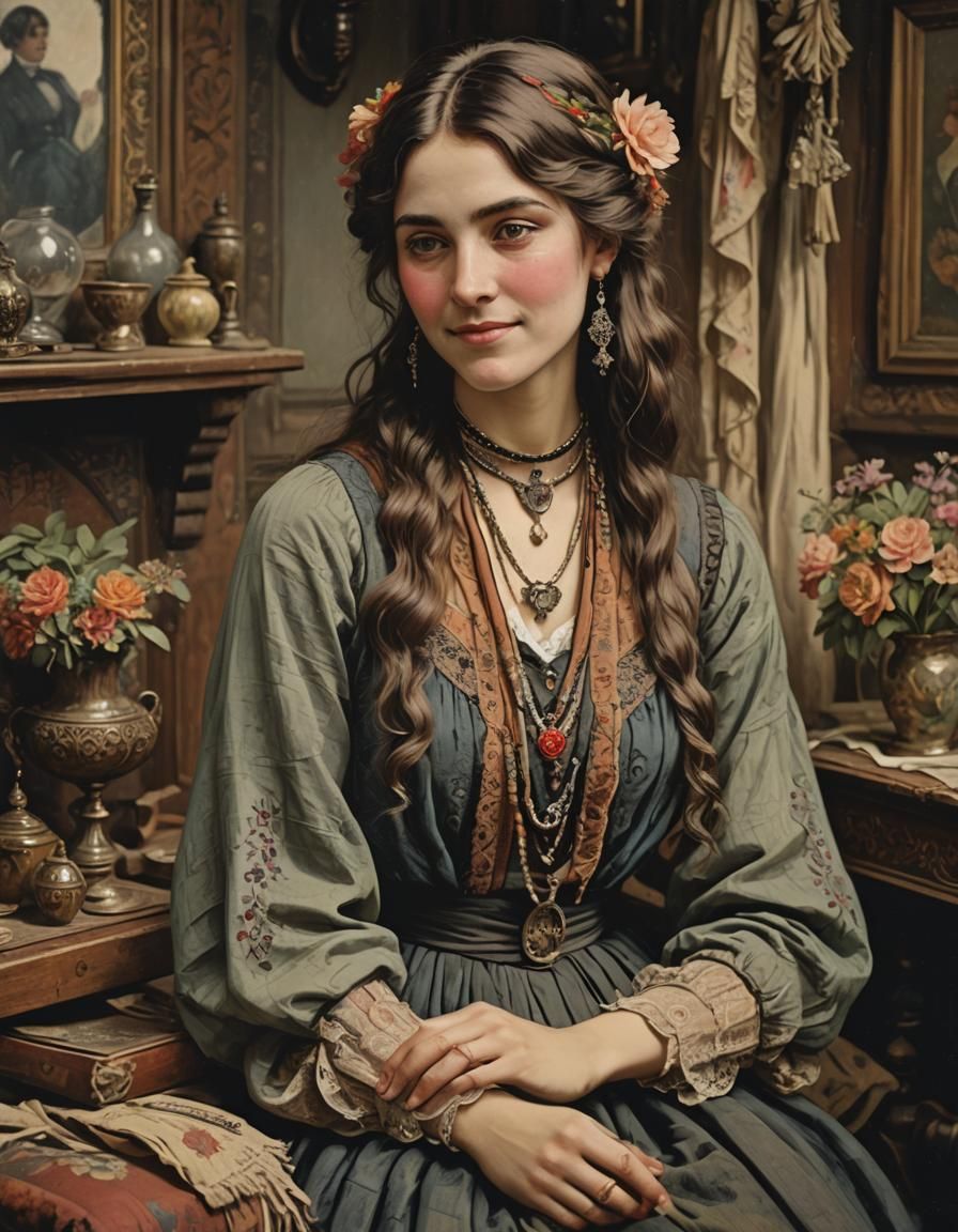 A beautiful young Victorian Bohemian woman in her house, shy...