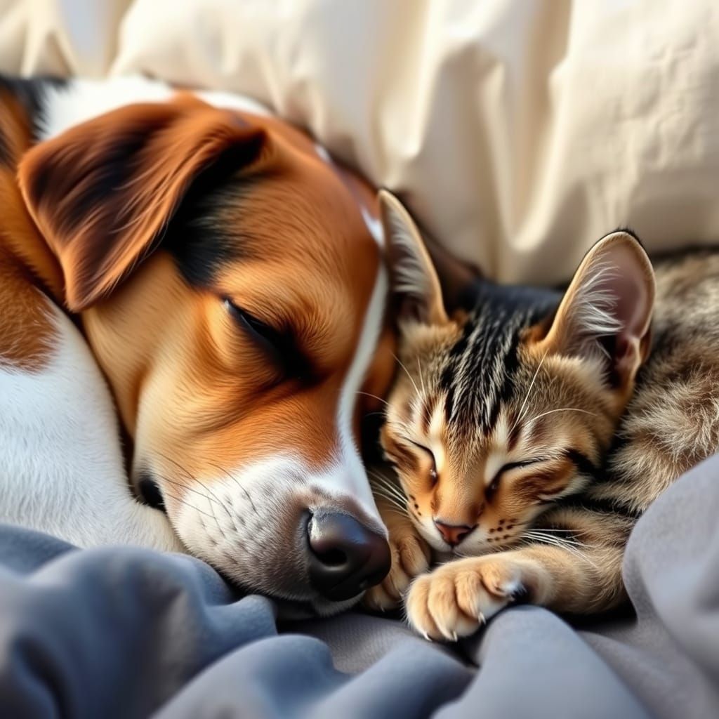 A Dog and A Cat curled up together fast asleep   by @Pirate Queen Jo 