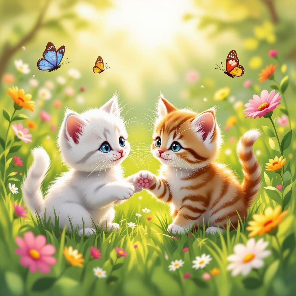 Two Kittens Play in a Sunny Garden