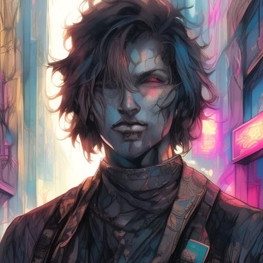 Neon Alleyway Portrait in Scribbled Doodle Art Style