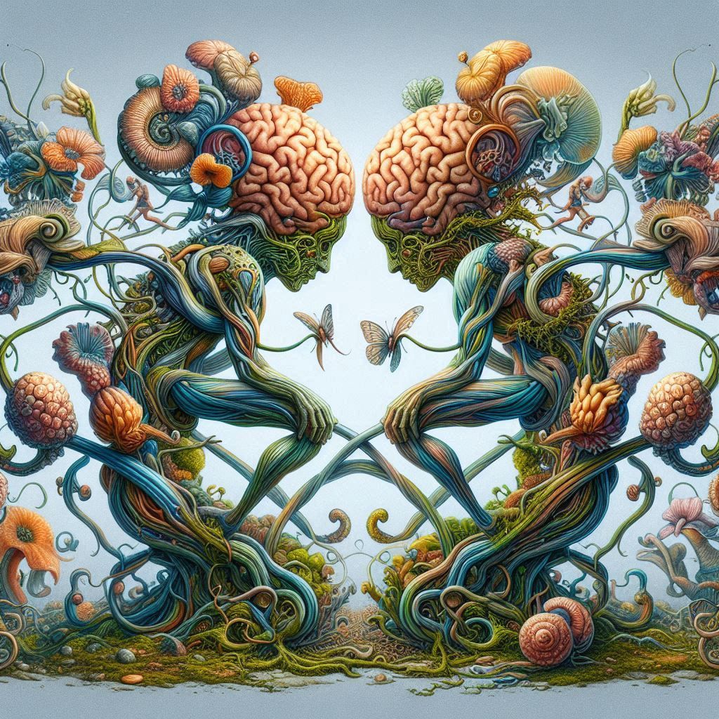 A surreal garden party with whimsical sculptures and strange...