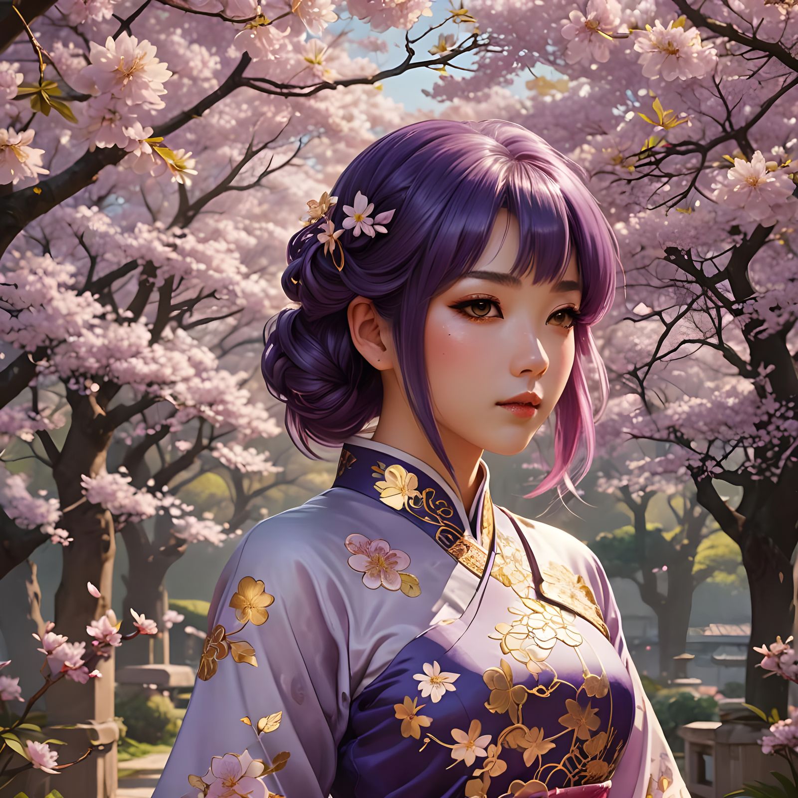purple-haired anime girl in a qipao