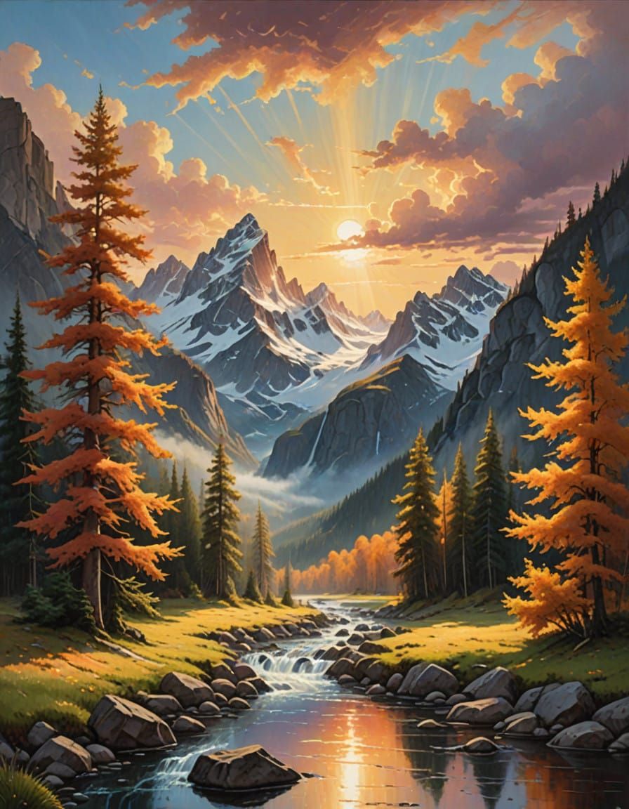 Golden Sunrise Fantasy Landscape in Ethereal Style