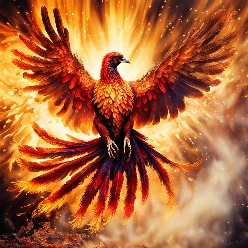 Phoenix rising from the ashes, bright gold and red plumage.