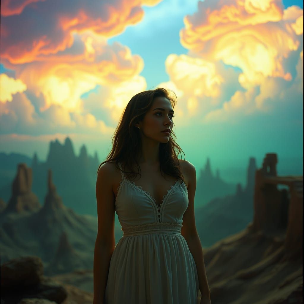 surrealism art with colorful clouds, bizarre space opera fantasy, psychedelic background, inspired by Hieronymus Bosch, art by Joao Ruas and...