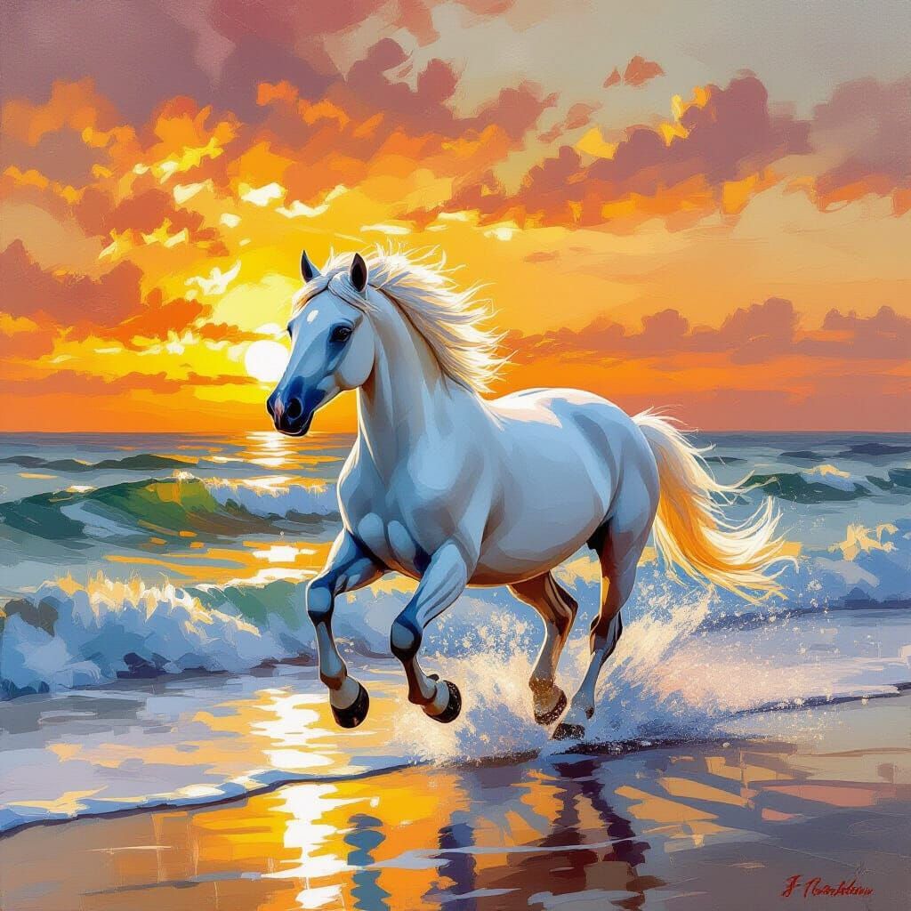 White Pony Gallops by Sea at Sunset in Impressionistic Style