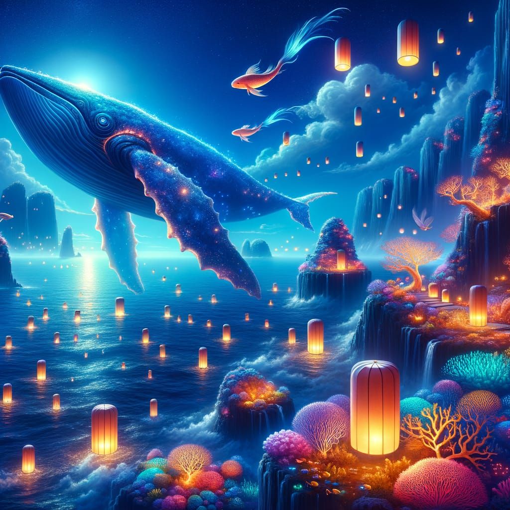 Whale-shaped islands drift across glowing indigo oceans.
Lanterns float upward from coral-covered cliffsides.
Golden koi leap through spiral...