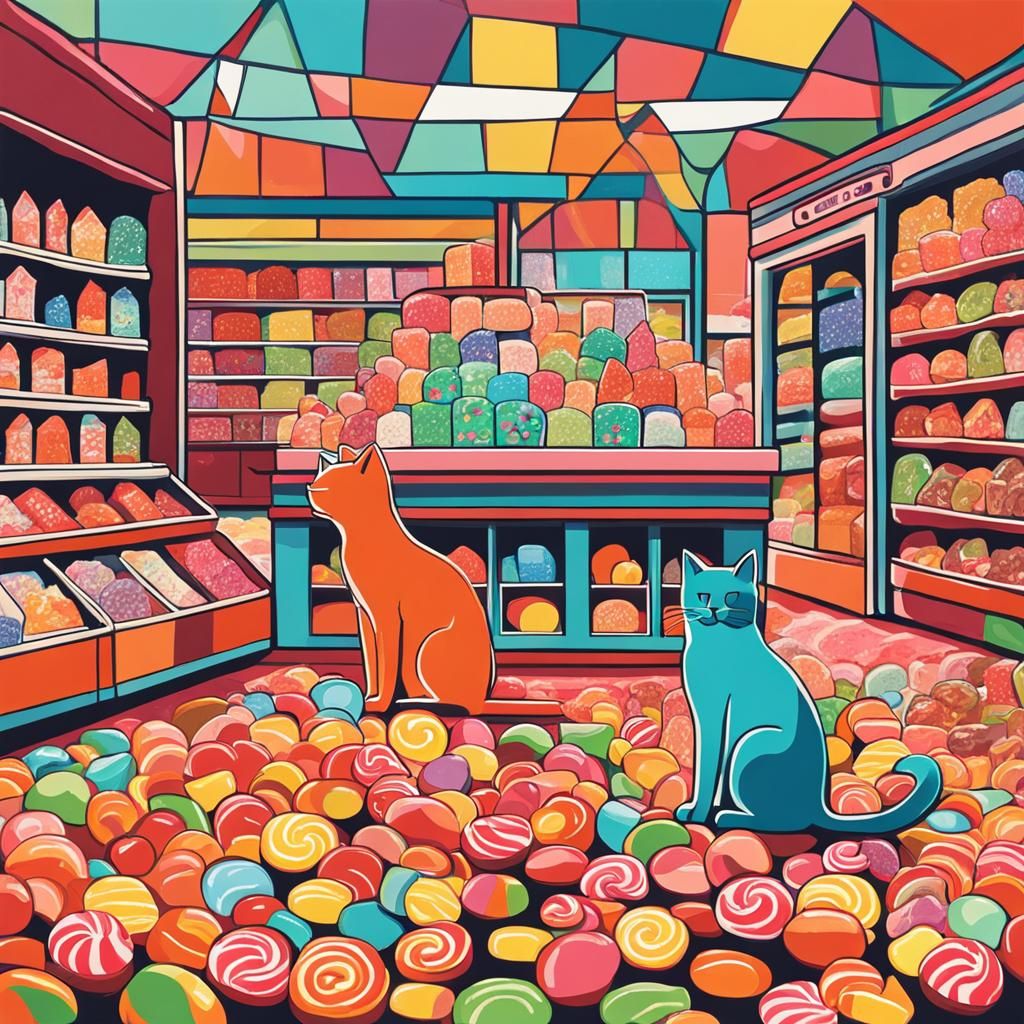a cat eating fancy candy in a store