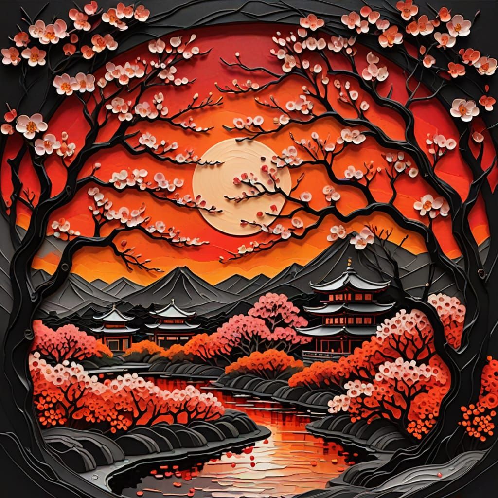 Japanese Cherry Blossom Landscape Near Sunset  by @undefined