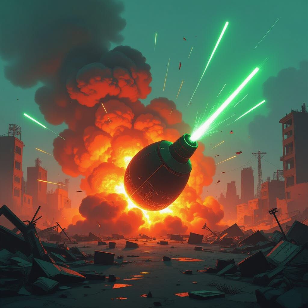 A bomb exploding with neon orange and green flames turning the landscape into a glowing neon wreck