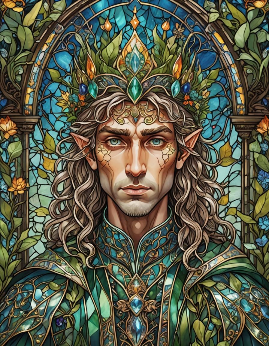 (intricately detailed stained glass portrait of a Elf king with wavy ...