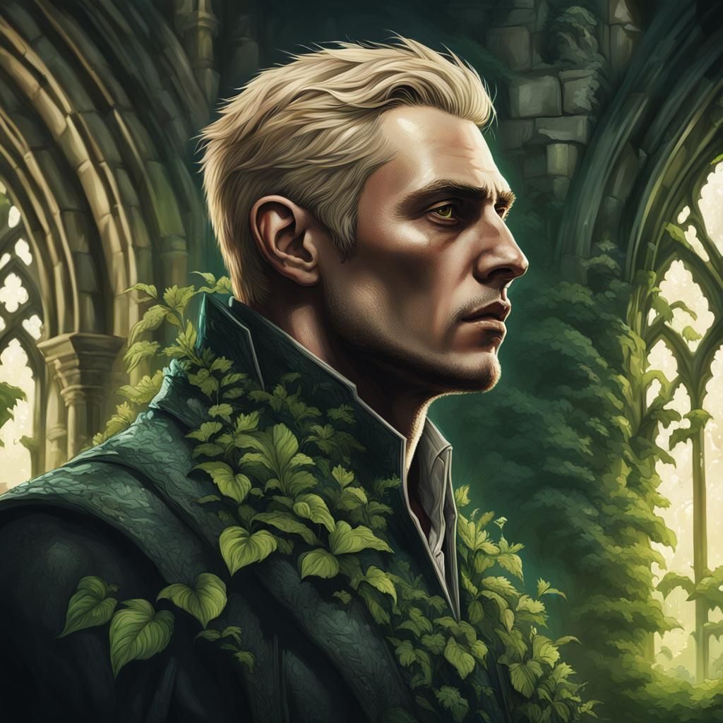 handsome blonde vampire man in Whitby Abbey overgrown with v...