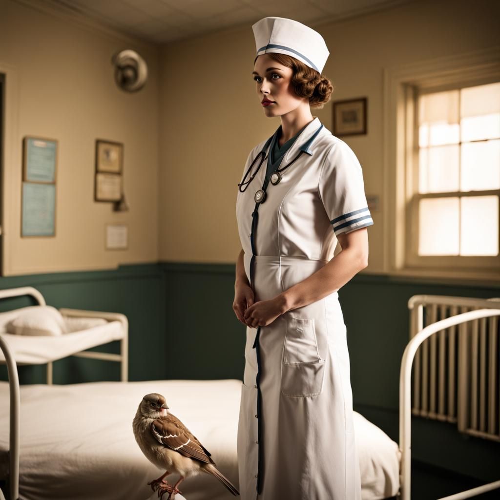 A sparrow bird in a 1920s style nurse's uniform standing in ...