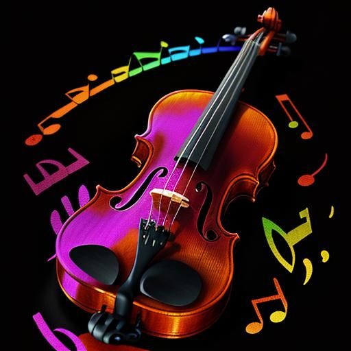 A violin with rainbow music notes around it black background
