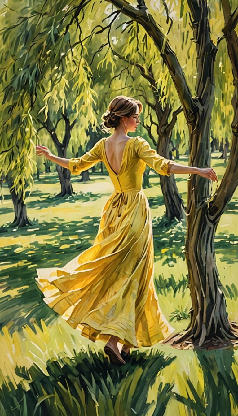 Woman wearing a yellow taffeta dress, dancing between willow...