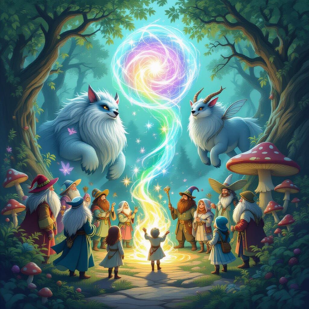 Magical gathering place in a supernatural forest, magical friendly beasts, gathering of concentrated magic mana energy, magic swirls in the air.