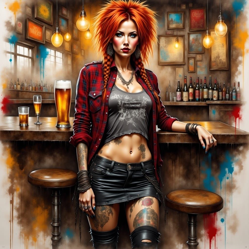 <lora:GrungeFlux:1.0> Full body portrait of a stunning woman, grunge style, punk rock, grunge, alcohol ink, coffee art effects., art oil wat...