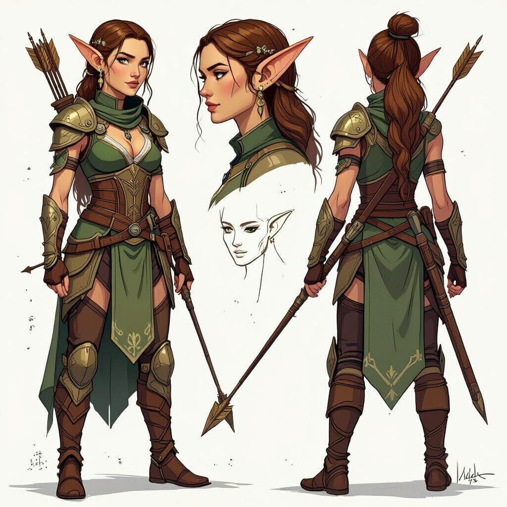A sketchbook page featuring an elf woman character with multiple rough iterations of her design, including side profiles and dynamic poses. ...