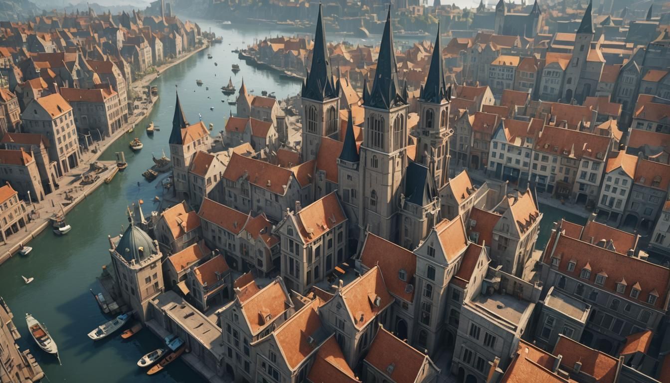 city of spires, flock of birds, harbor, overcast