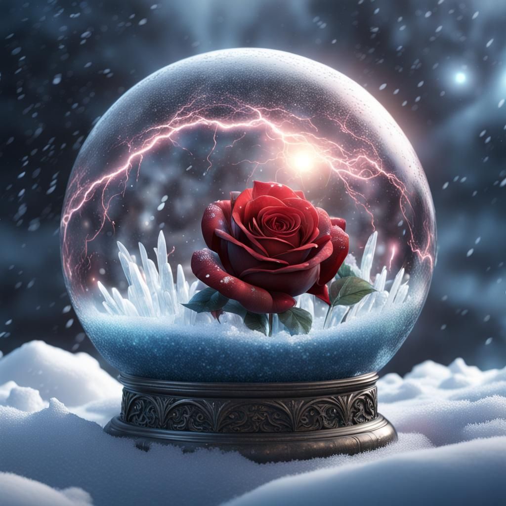 a glass ball with glitter and snow  a lightning storm roses and ice