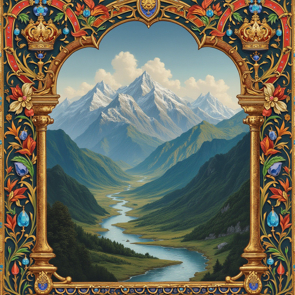 an illuminated manuscript, rich colors, deep colors, illustrations of mountains, gemstones, rivers, crowns, magnificent, iridescent, beautif...