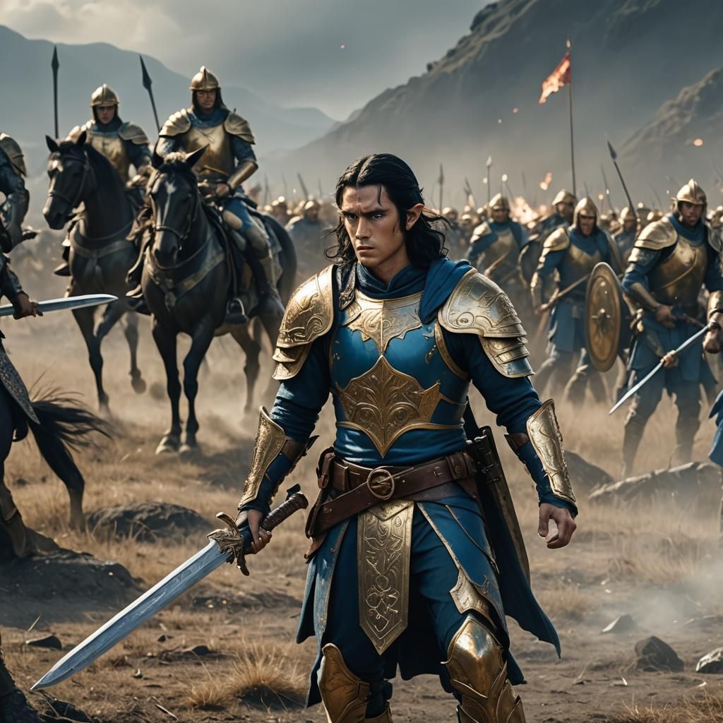 Elf soldier dressed in blue with gold armour, long black hai...