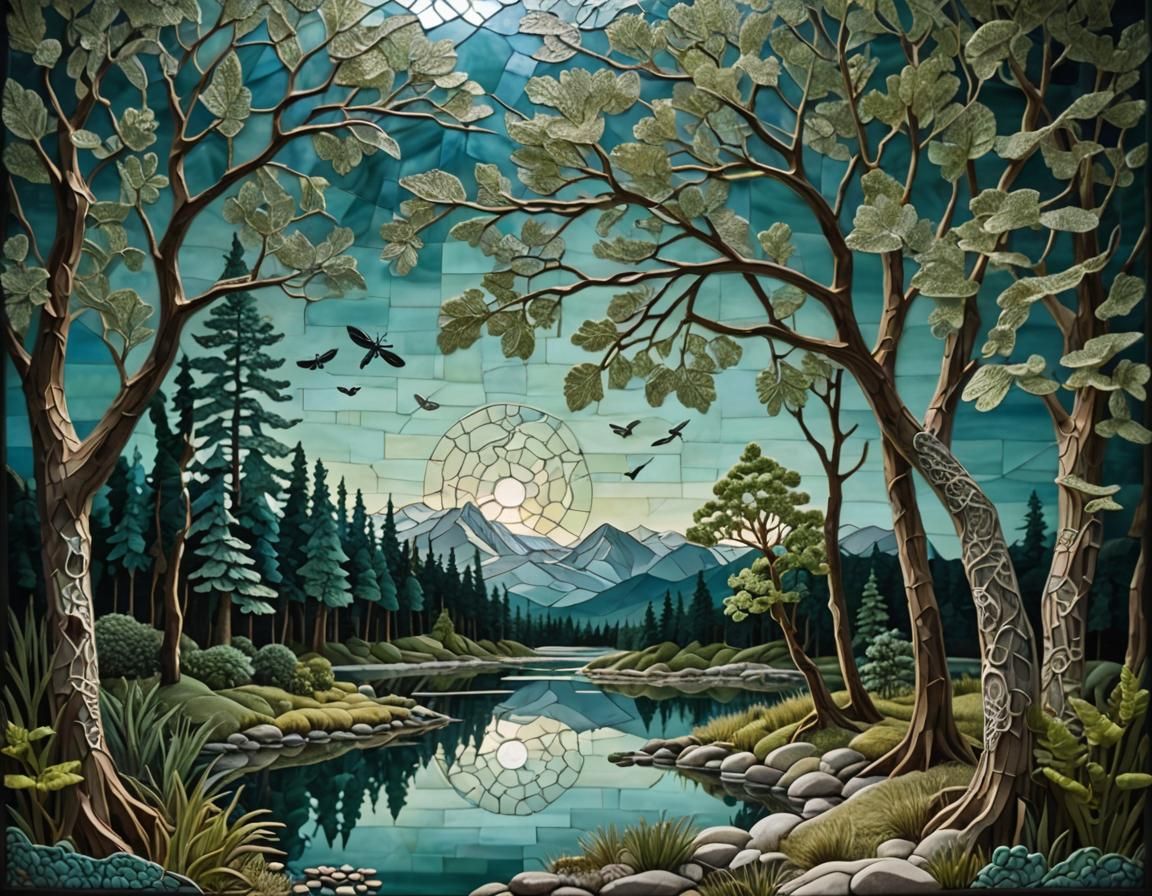 Stained glass mosaic, crochet Irish lace, moonlight on natur...
