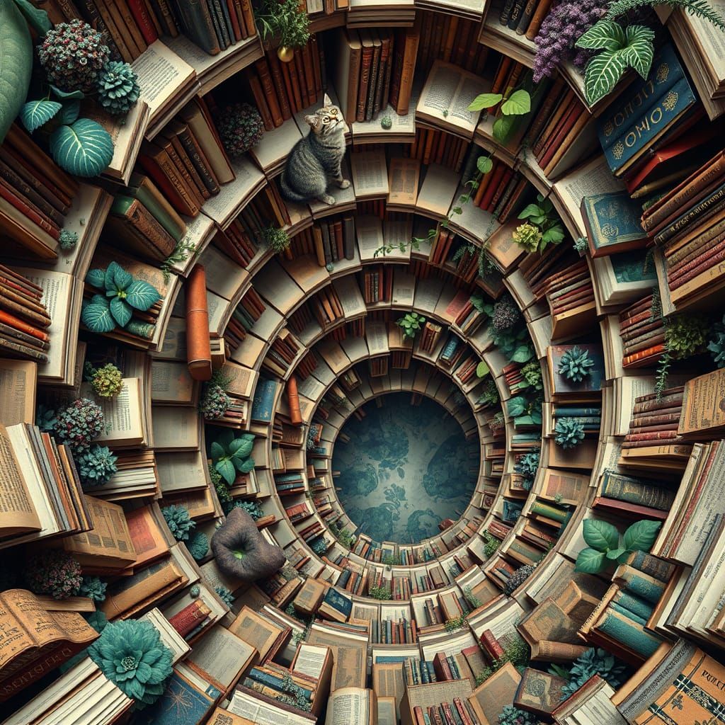 A dizzying view from the top of an infinitely spiraling staircase constructed from books and plants, with a millennial cat perched precariou...