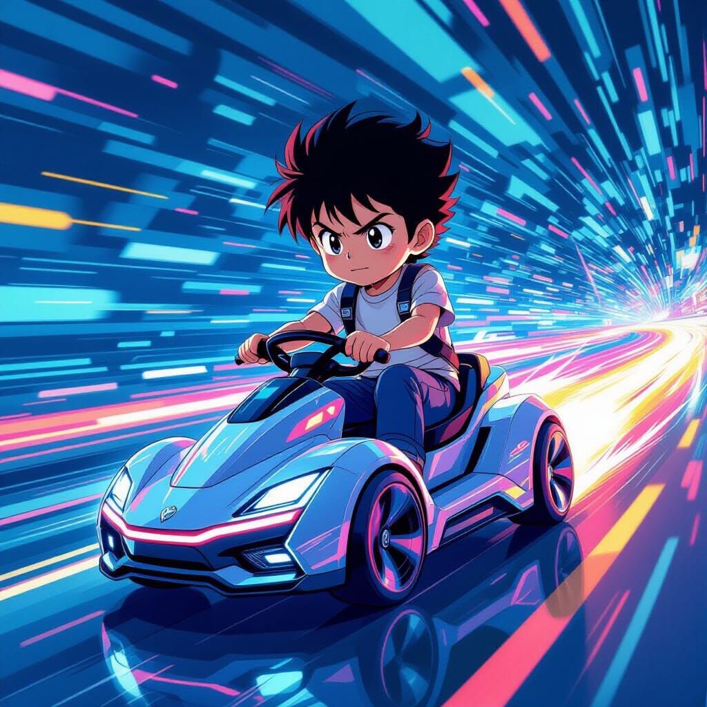 Child Rides Futuristic Bimbo in Anime Style