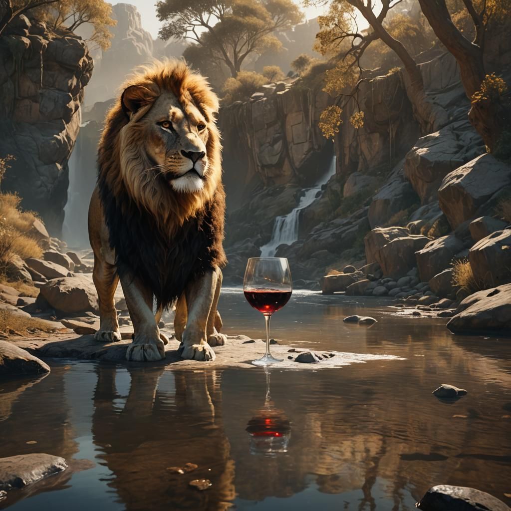 Lion Drinks from Wine River: Digital Matte Painting