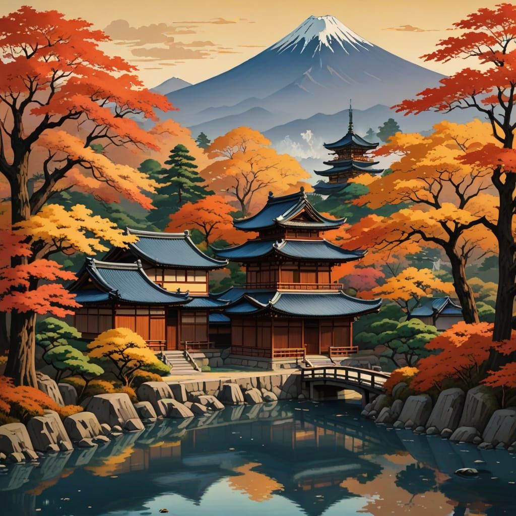 Golden Light on Ancient Japanese Temples in Autumn