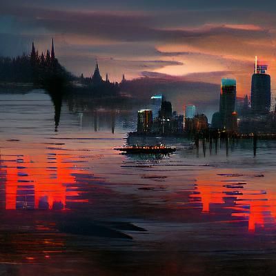 City skyline across the water at sunset