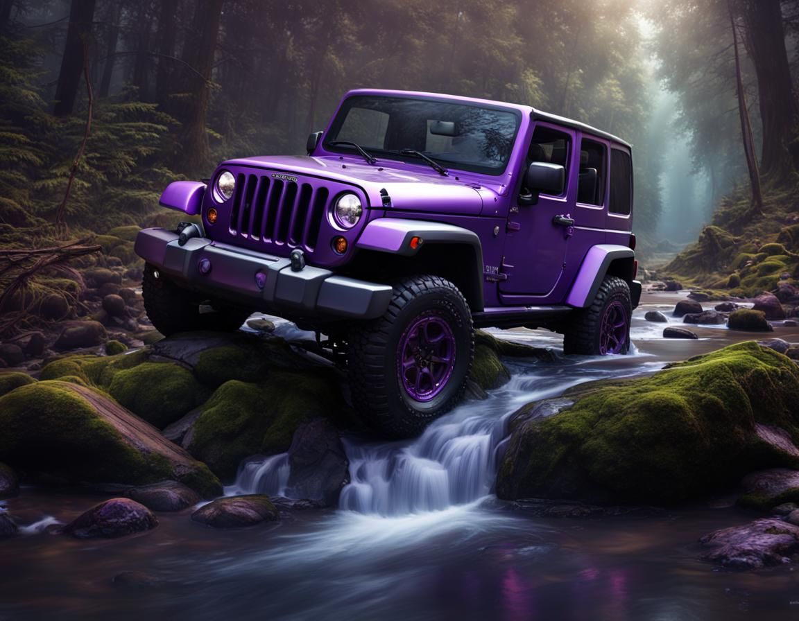 A purple jeep jku driving through the woods and crossing a s...