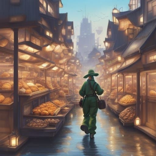 Woman in Futuristic Harbor with Iridescent Mushrooms