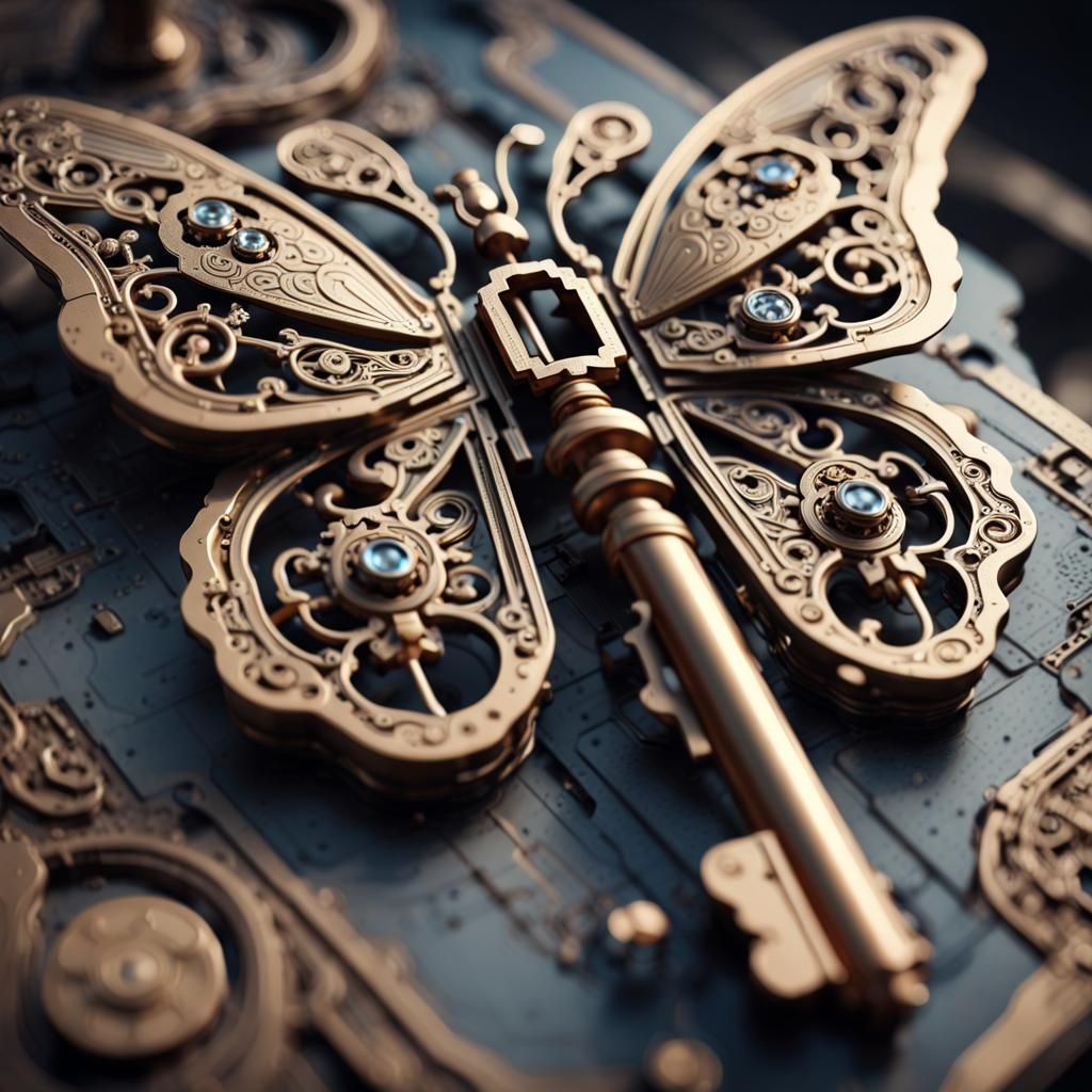 Hyper-realistic macro shot, elaborate, intricate, antique key, in shape of butterfly   by @Dessa