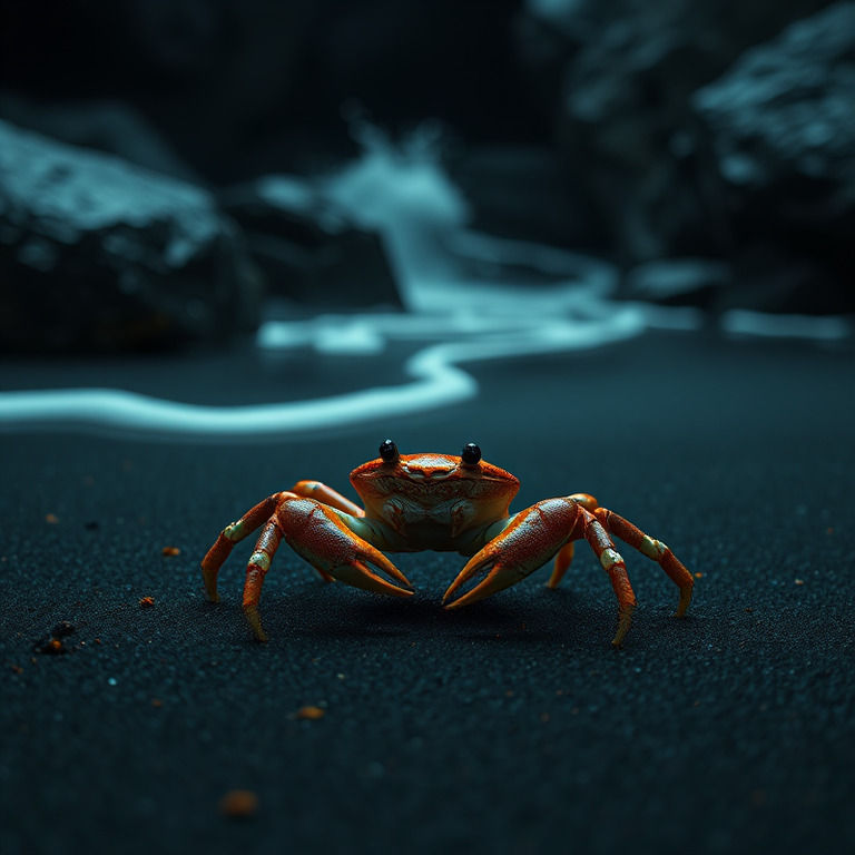 Crab on black sand beach