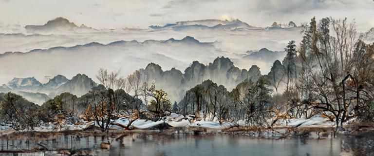 A beautiful Chinese ink wash painting of a river in a native...