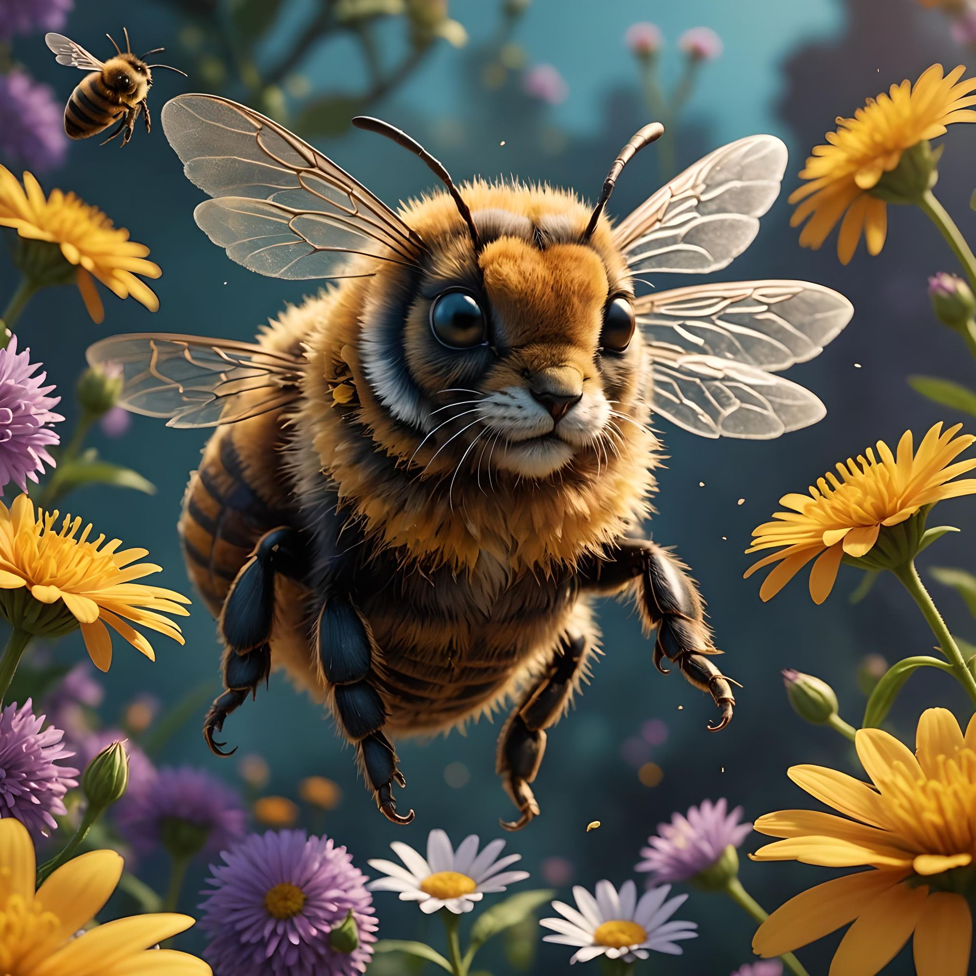 Honey bee with a kitty head. Flying by flowers