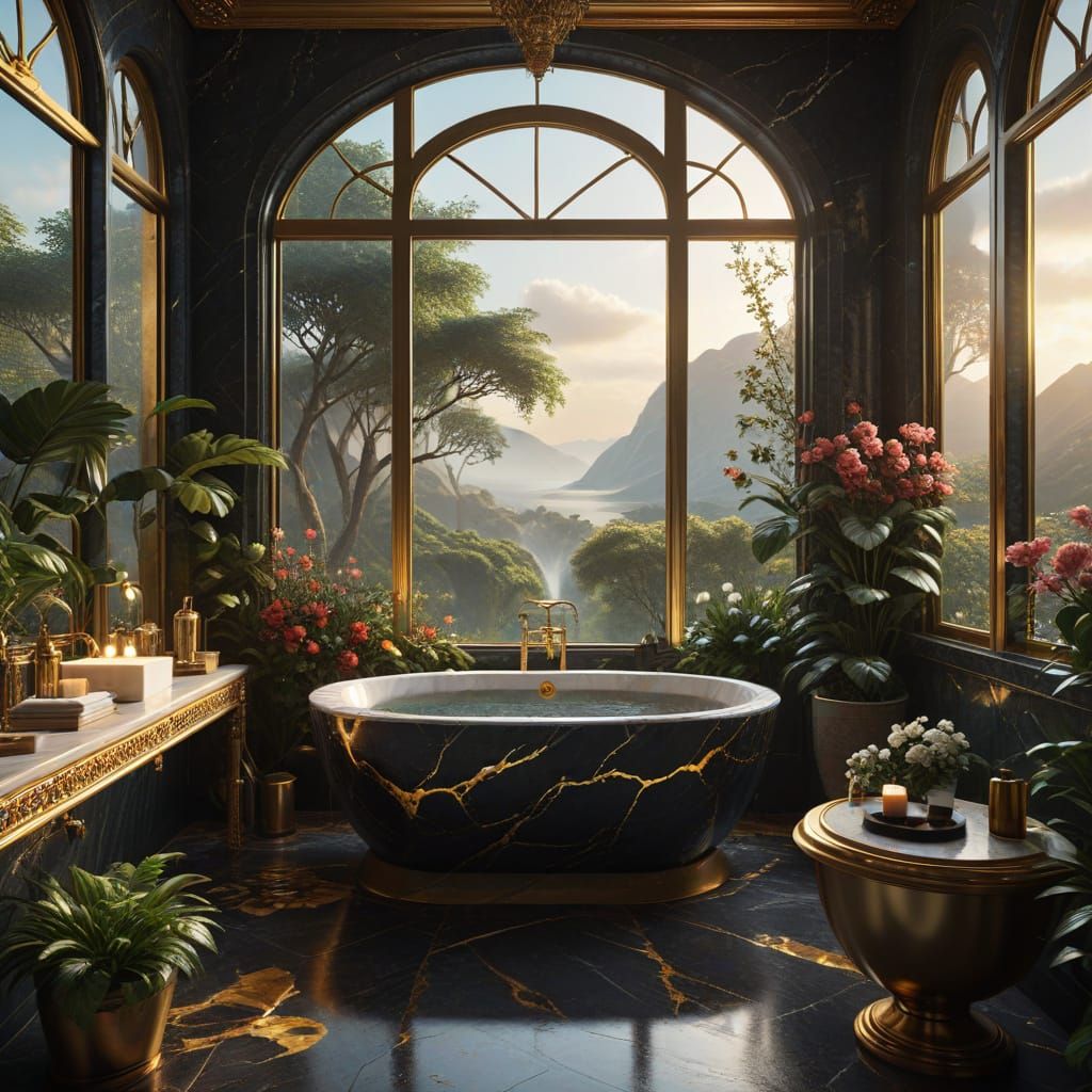 Elegant Bathroom Scene in Golden Hour Light