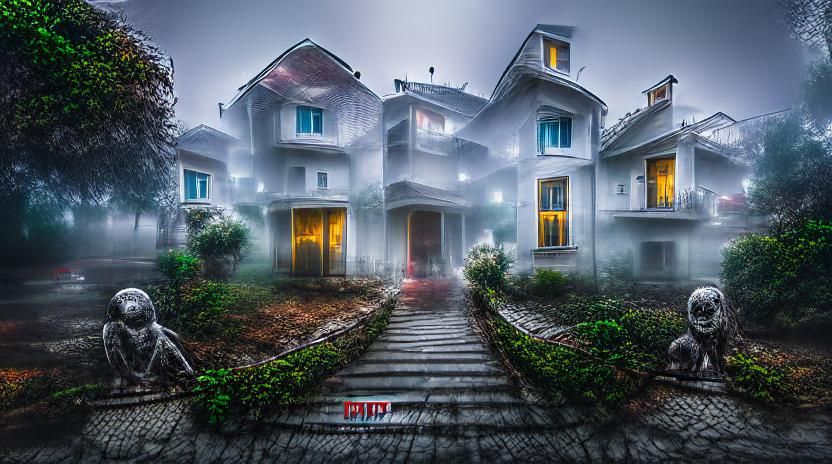 Lit up foggy old mansion