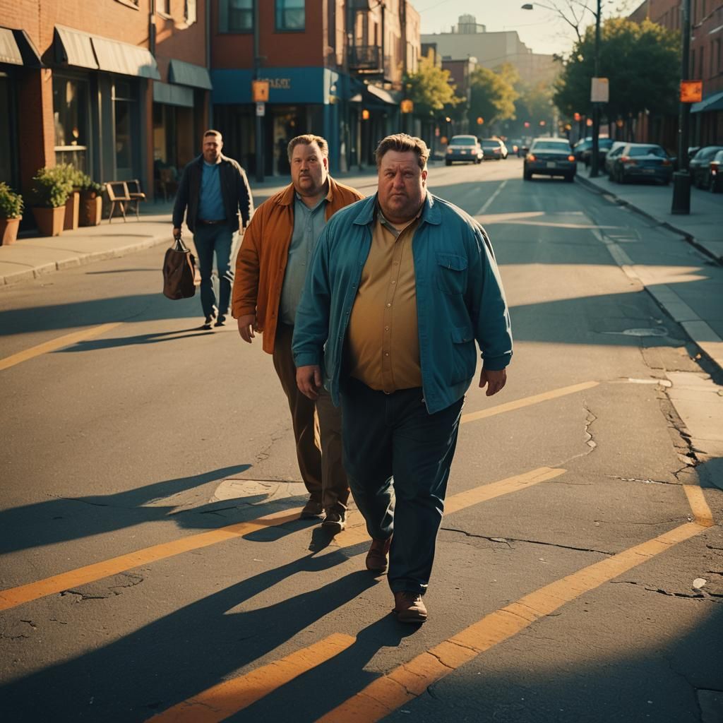 Two Overweight Men Walking Down a Cinematic Street